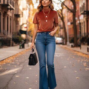 Madewell Velvet VelourTop Womens Small‎ Burnt Orange Short Sleeve Boxy Mock Neck